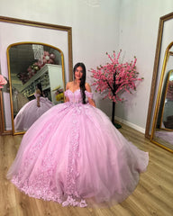 Misshow Pink Tulle Ball Gown Off-Shoulder Sweetheart Neckline with Lace Appliques & Bow Detail for Quinceanera Sweet 16 and Evening Parties