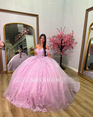 Misshow Pink Tulle Ball Gown Off-Shoulder Sweetheart Neckline with Lace Appliques & Bow Detail for Quinceanera Sweet 16 and Evening Parties
