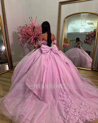 Misshow Pink Tulle Ball Gown Off-Shoulder Sweetheart Neckline with Lace Appliques & Bow Detail for Quinceanera Sweet 16 and Evening Parties