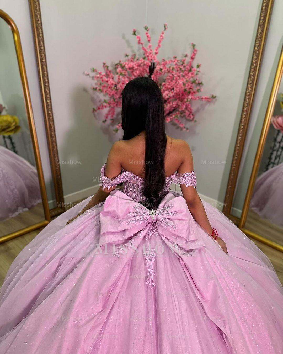 Misshow Pink Tulle Ball Gown Off-Shoulder Sweetheart Neckline with Lace Appliques & Bow Detail for Quinceanera Sweet 16 and Evening Parties