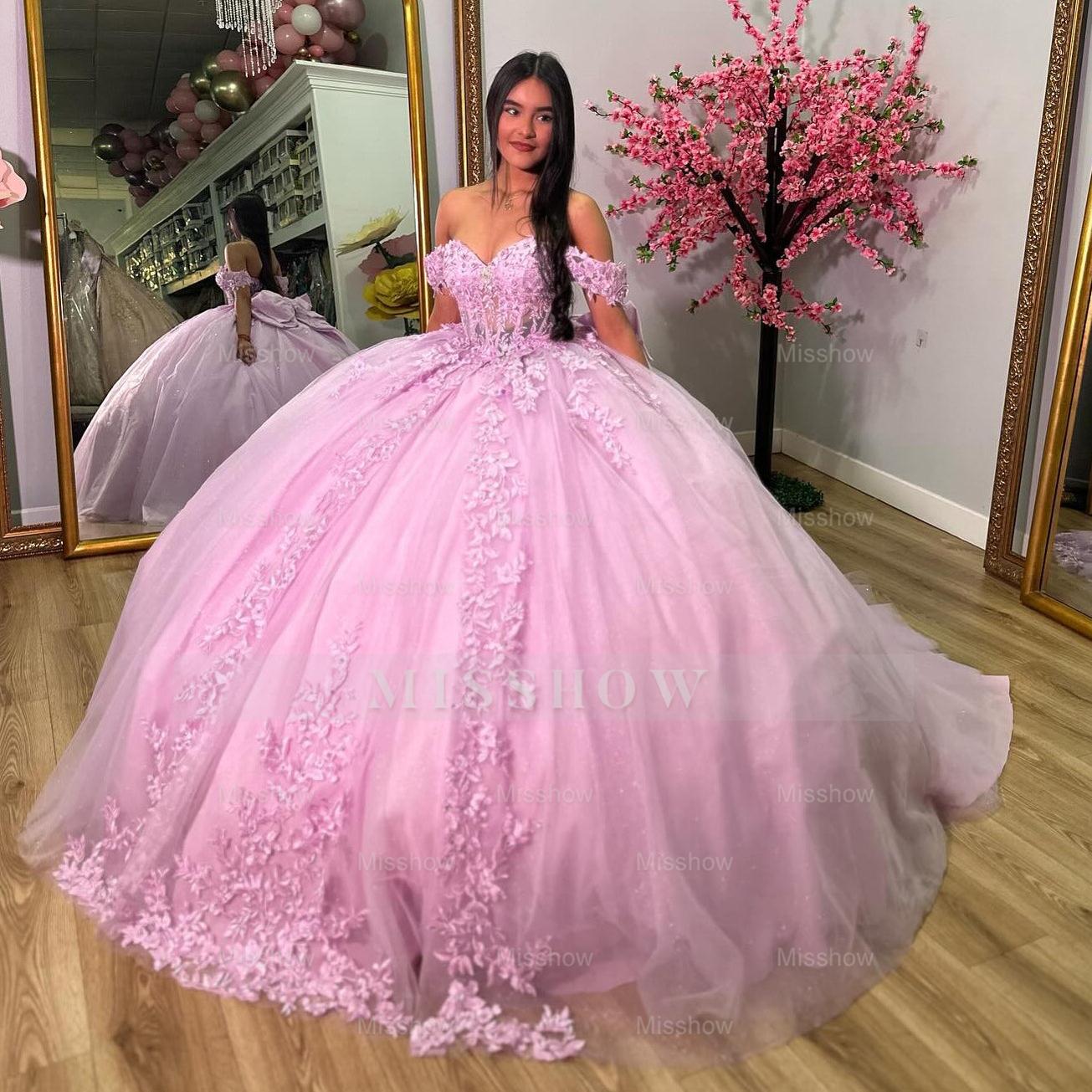 Misshow Pink Tulle Ball Gown Off-Shoulder Sweetheart Neckline with Lace Appliques & Bow Detail for Quinceanera Sweet 16 and Evening Parties