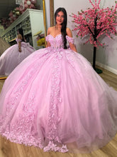Misshow Pink Tulle Ball Gown Off-Shoulder Sweetheart Neckline with Lace Appliques & Bow Detail for Quinceanera Sweet 16 and Evening Parties