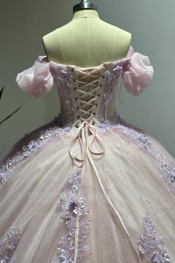 Misshow Pink Tulle Princess Ball Gown Sweetheart Neckline with Puff Sleeves Lace Appliques & Beaded Details for Quinceanera Sweet 16 or Evening Galas