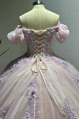 Misshow Pink Tulle Princess Ball Gown Sweetheart Neckline with Puff Sleeves Lace Appliques & Beaded Details for Quinceanera Sweet 16 or Evening Galas