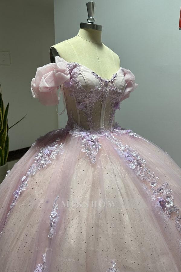 Misshow Pink Tulle Princess Ball Gown Sweetheart Neckline with Puff Sleeves Lace Appliques & Beaded Details for Quinceanera Sweet 16 or Evening Galas
