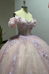 Misshow Pink Tulle Princess Ball Gown Sweetheart Neckline with Puff Sleeves Lace Appliques & Beaded Details for Quinceanera Sweet 16 or Evening Galas
