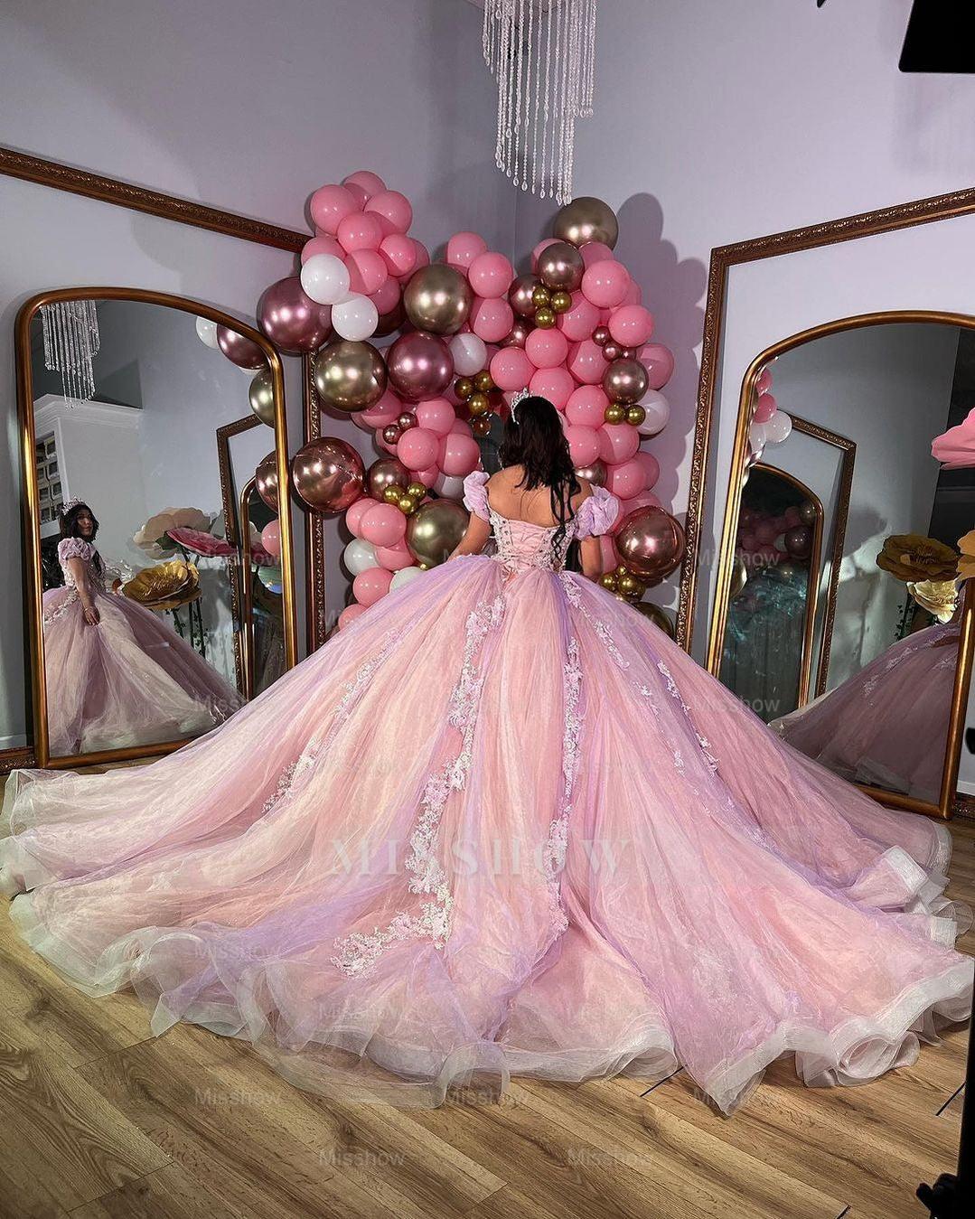 Misshow Pink Tulle Princess Ball Gown Sweetheart Neckline with Puff Sleeves Lace Appliques & Beaded Details for Quinceanera Sweet 16 or Evening Galas