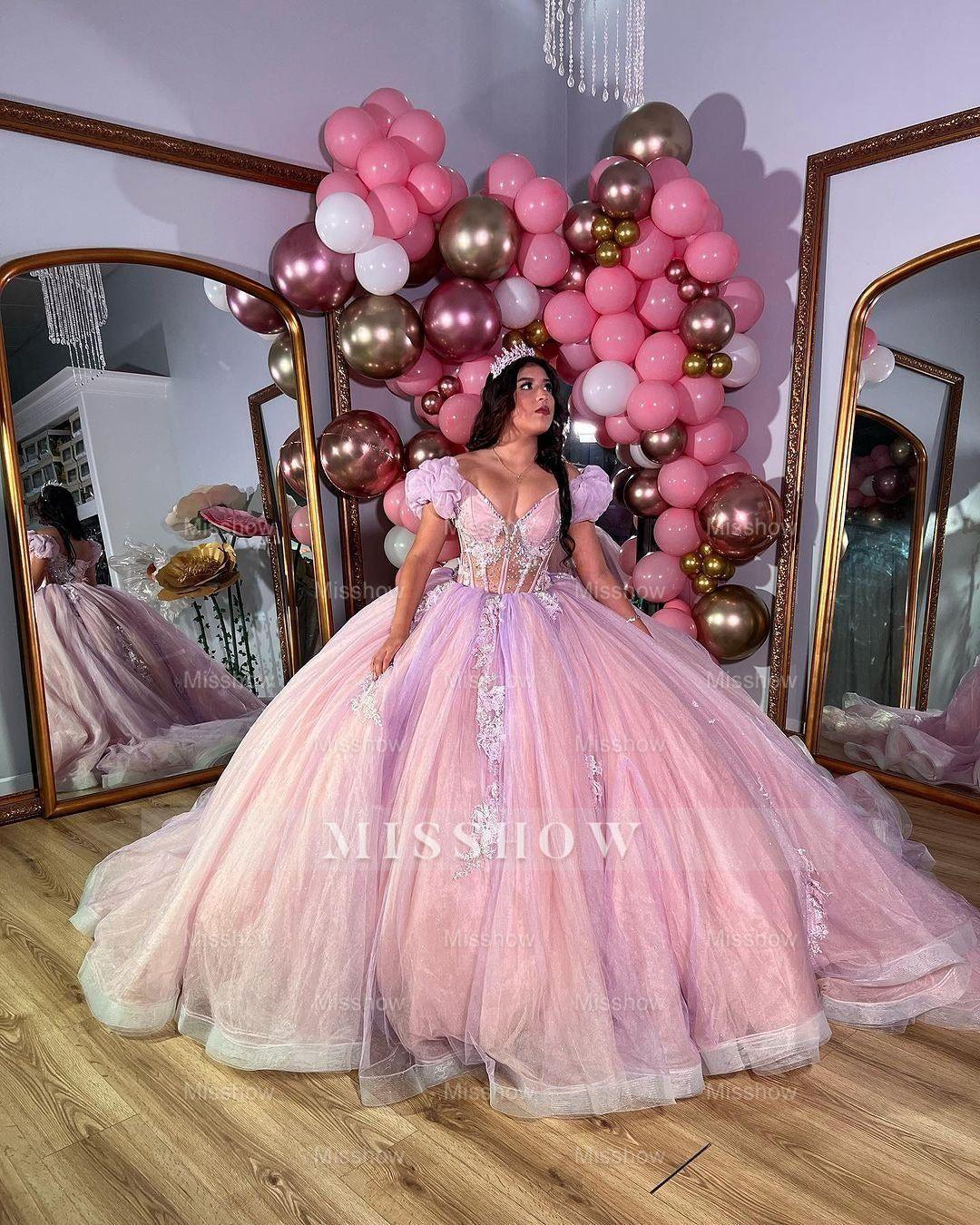 Misshow Pink Tulle Princess Ball Gown Sweetheart Neckline with Puff Sleeves Lace Appliques & Beaded Details for Quinceanera Sweet 16 or Evening Galas