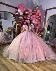 Misshow Pink Tulle Princess Ball Gown Sweetheart Neckline with Puff Sleeves Lace Appliques & Beaded Details for Quinceanera Sweet 16 or Evening Galas