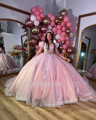 Misshow Pink Tulle Princess Ball Gown Sweetheart Neckline with Puff Sleeves Lace Appliques & Beaded Details for Quinceanera Sweet 16 or Evening Galas