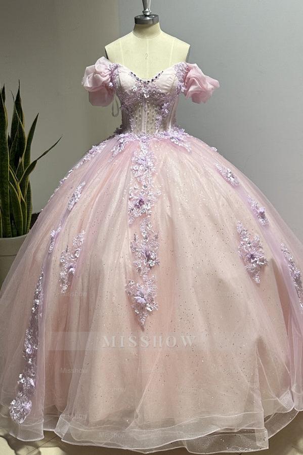 Misshow Pink Tulle Princess Ball Gown Sweetheart Neckline with Puff Sleeves Lace Appliques & Beaded Details for Quinceanera Sweet 16 or Evening Galas
