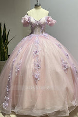 Misshow Pink Tulle Princess Ball Gown Sweetheart Neckline with Puff Sleeves Lace Appliques & Beaded Details for Quinceanera Sweet 16 or Evening Galas