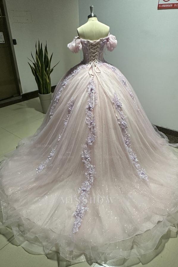 Misshow Pink Tulle Princess Ball Gown Sweetheart Neckline with Puff Sleeves Lace Appliques & Beaded Details for Quinceanera Sweet 16 or Evening Galas
