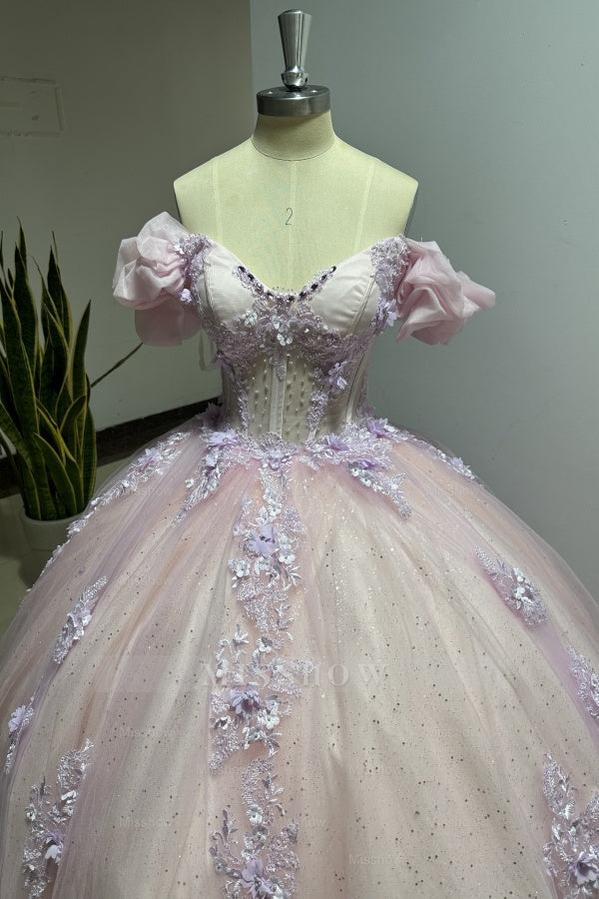 Misshow Pink Tulle Princess Ball Gown Sweetheart Neckline with Puff Sleeves Lace Appliques & Beaded Details for Quinceanera Sweet 16 or Evening Galas