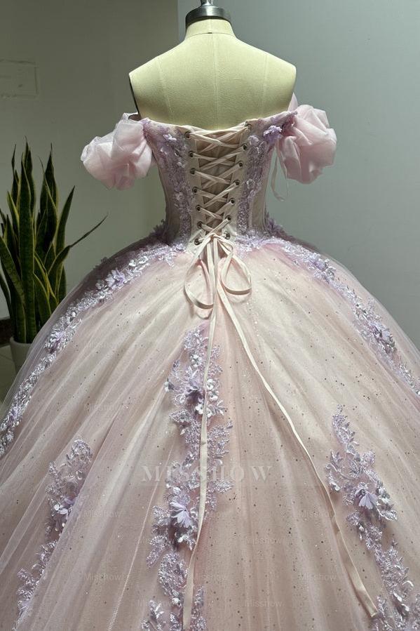 Misshow Pink Tulle Princess Ball Gown Sweetheart Neckline with Puff Sleeves Lace Appliques & Beaded Details for Quinceanera Sweet 16 or Evening Galas