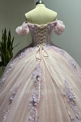 Misshow Pink Tulle Princess Ball Gown Sweetheart Neckline with Puff Sleeves Lace Appliques & Beaded Details for Quinceanera Sweet 16 or Evening Galas