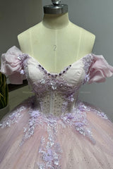 Misshow Pink Tulle Princess Ball Gown Sweetheart Neckline with Puff Sleeves Lace Appliques & Beaded Details for Quinceanera Sweet 16 or Evening Galas