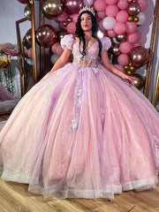 Misshow Pink Tulle Princess Ball Gown Sweetheart Neckline with Puff Sleeves Lace Appliques & Beaded Details for Quinceanera Sweet 16 or Evening Galas