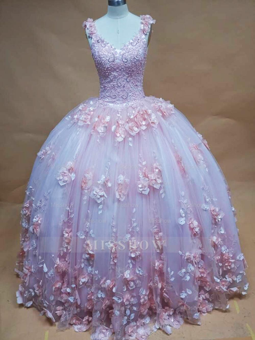 Misshow Pink Tulle Princess Gown V-Neck 3D Floral Lace & Beaded Quinceanera Dress for Sweet 16