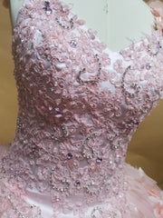 Misshow Pink Tulle Princess Gown V-Neck 3D Floral Lace & Beaded Quinceanera Dress for Sweet 16