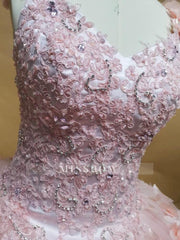 Misshow Pink Tulle Princess Gown V-Neck 3D Floral Lace & Beaded Quinceanera Dress for Sweet 16