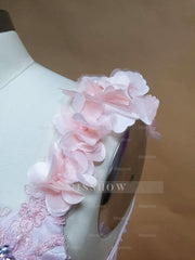 Misshow Pink Tulle Princess Gown V-Neck 3D Floral Lace & Beaded Quinceanera Dress for Sweet 16