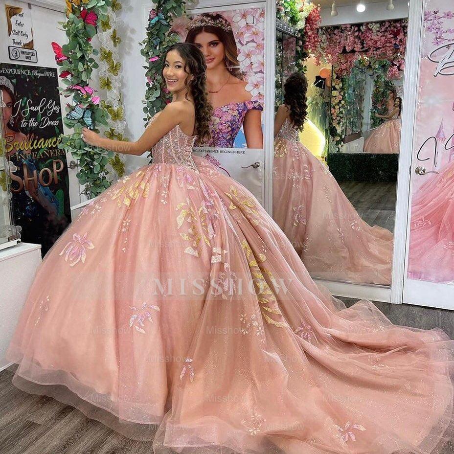 Misshow Pink Tulle Princess Quinceanera Dress Sweetheart Neckline with Glitter Appliques & Beaded Detail for Sweet 16 or Birthday Party