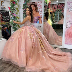 Misshow Pink Tulle Princess Quinceanera Dress Sweetheart Neckline with Glitter Appliques & Beaded Detail for Sweet 16 or Birthday Party