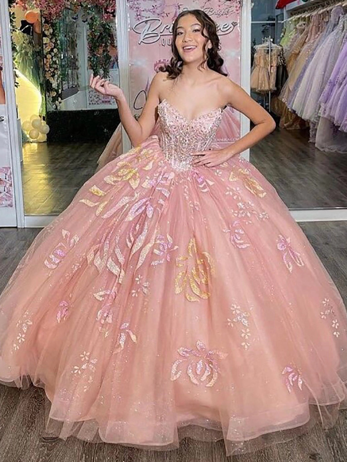 Misshow Pink Tulle Princess Quinceanera Dress Sweetheart Neckline with Glitter Appliques & Beaded Detail for Sweet 16 or Birthday Party