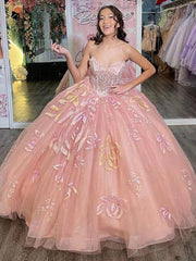 Misshow Pink Tulle Princess Quinceanera Dress Sweetheart Neckline with Glitter Appliques & Beaded Detail for Sweet 16 or Birthday Party