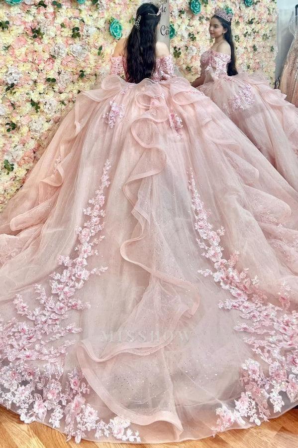 Misshow Pink Tulle Quinceanera Dress Off-Shoulder Ball Gown with 3D Flower Appliques Beaded Crystal Ruffles & Sleeveless Design for Sweet 16 Formal Evenings & Birthday Parties