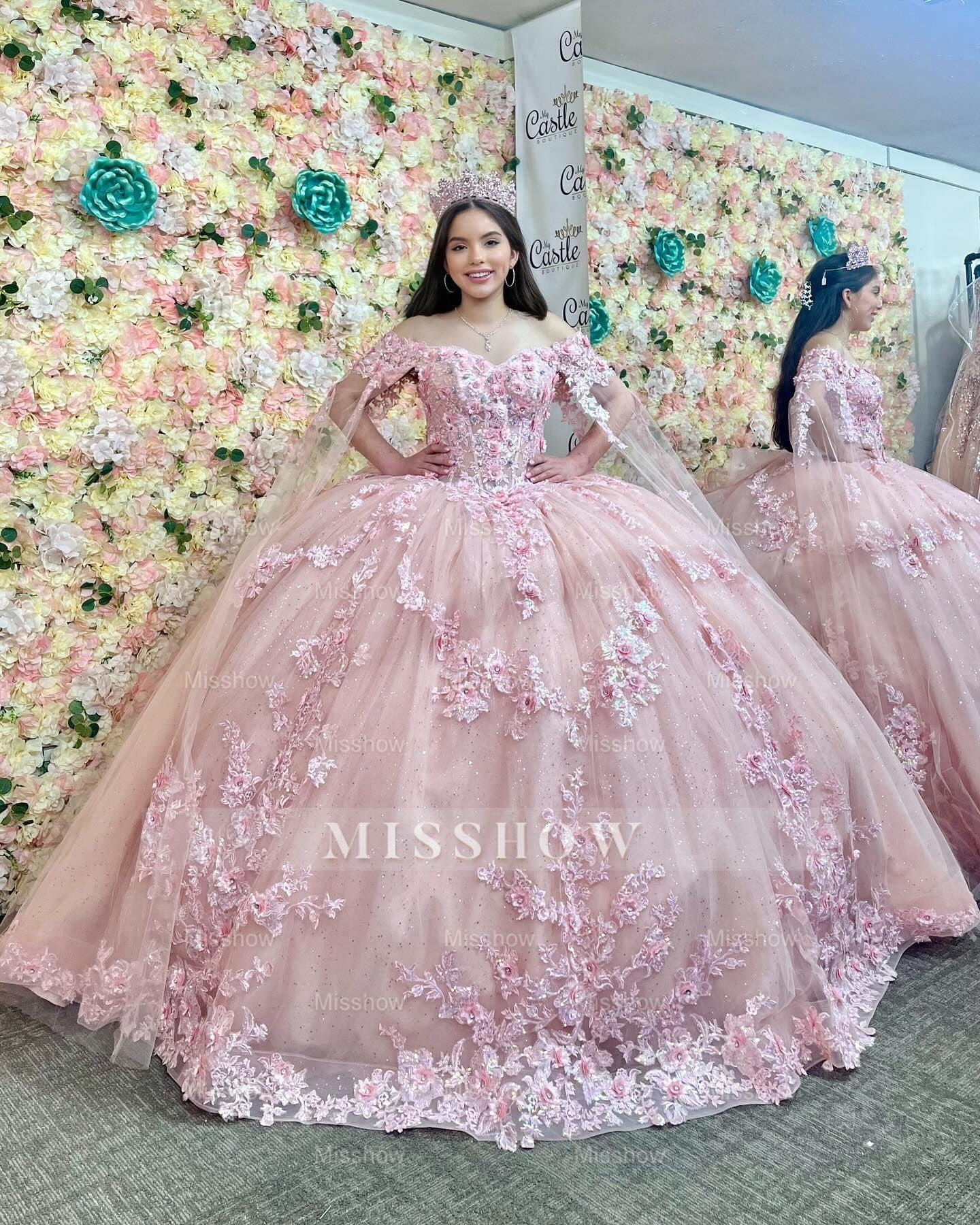 Misshow Pink Tulle Quinceanera Dress Off-Shoulder Ball Gown with 3D Flower Appliques Beaded Crystal Ruffles & Sleeveless Design for Sweet 16 Formal Evenings & Birthday Parties