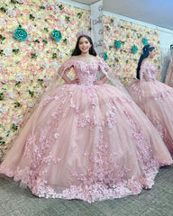 Misshow Pink Tulle Quinceanera Dress Off-Shoulder Ball Gown with 3D Flower Appliques Beaded Crystal Ruffles & Sleeveless Design for Sweet 16 Formal Evenings & Birthday Parties