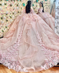 Misshow Pink Tulle Quinceanera Dress Off-Shoulder Ball Gown with 3D Flower Appliques Beaded Crystal Ruffles & Sleeveless Design for Sweet 16 Formal Evenings & Birthday Parties