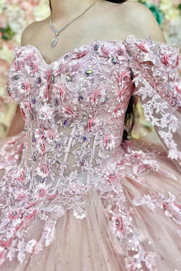 Misshow Pink Tulle Quinceanera Dress Off-Shoulder Ball Gown with 3D Flower Appliques Beaded Crystal Ruffles & Sleeveless Design for Sweet 16 Formal Evenings & Birthday Parties