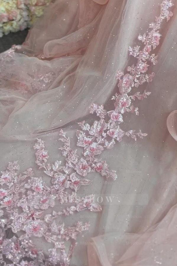 Misshow Pink Tulle Quinceanera Dress Off-Shoulder Ball Gown with 3D Flower Appliques Beaded Crystal Ruffles & Sleeveless Design for Sweet 16 Formal Evenings & Birthday Parties