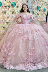 Misshow Pink Tulle Quinceanera Dress Off-Shoulder Ball Gown with 3D Flower Appliques Beaded Crystal Ruffles & Sleeveless Design for Sweet 16 Formal Evenings & Birthday Parties