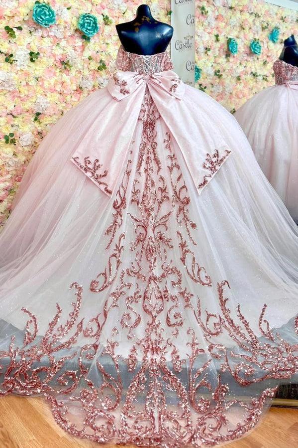 Misshow Pink Tulle Quinceanera Dress Off-Shoulder Sequined Ball Gown with Lace-Up Back & Big Bow Knot for Birthday Parties & Formal Evenings