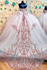 Misshow Pink Tulle Quinceanera Dress Off-Shoulder Sequined Ball Gown with Lace-Up Back & Big Bow Knot for Birthday Parties & Formal Evenings