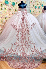 Misshow Pink Tulle Quinceanera Dress Off-Shoulder Sequined Ball Gown with Lace-Up Back & Big Bow Knot for Birthday Parties & Formal Evenings