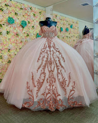 Misshow Pink Tulle Quinceanera Dress Off-Shoulder Sequined Ball Gown with Lace-Up Back & Big Bow Knot for Birthday Parties & Formal Evenings