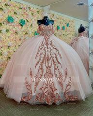 Misshow Pink Tulle Quinceanera Dress Off-Shoulder Sequined Ball Gown with Lace-Up Back & Big Bow Knot for Birthday Parties & Formal Evenings
