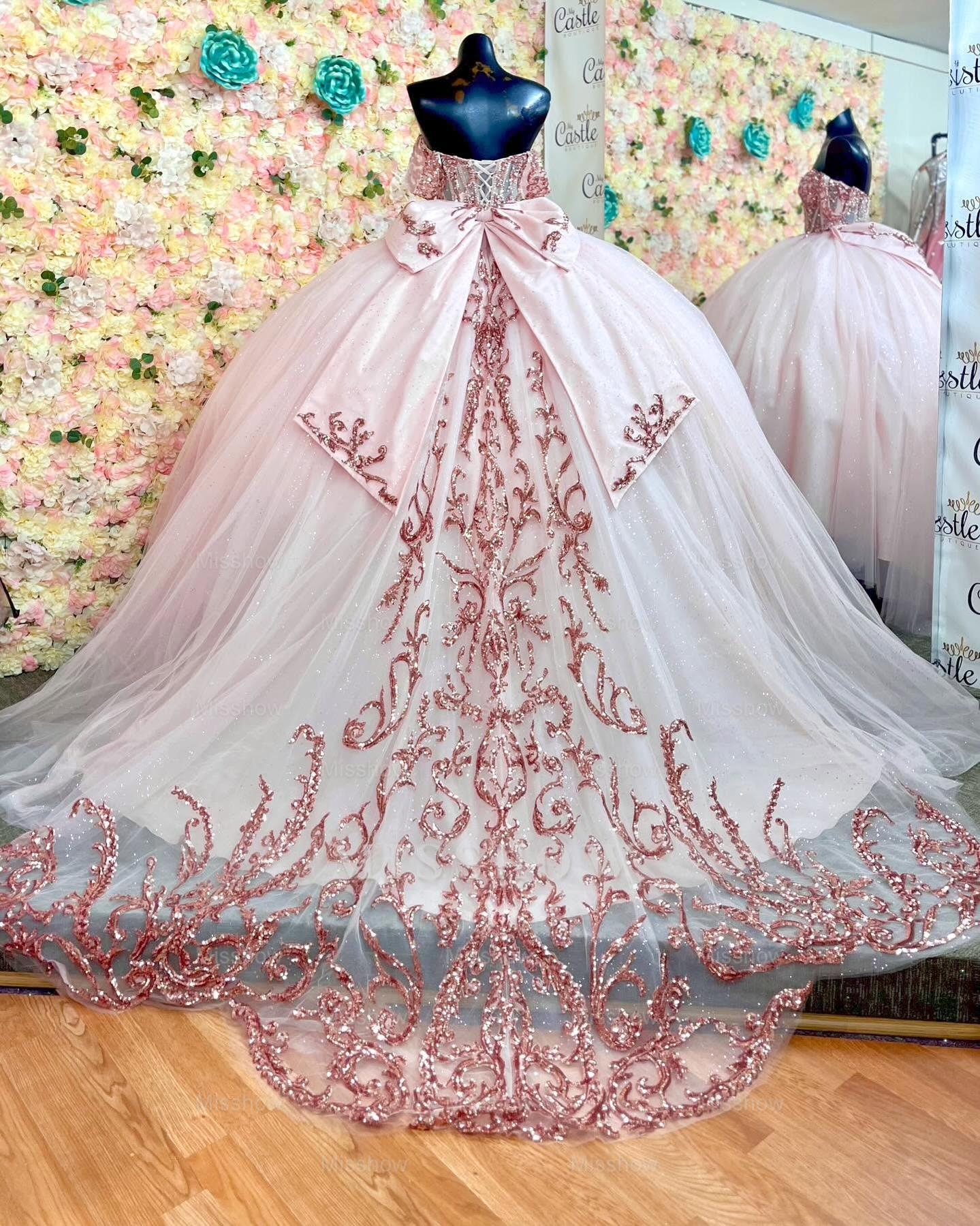 Misshow Pink Tulle Quinceanera Dress Off-Shoulder Sequined Ball Gown with Lace-Up Back & Big Bow Knot for Birthday Parties & Formal Evenings