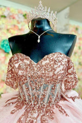 Misshow Pink Tulle Quinceanera Dress Off-Shoulder Sequined Ball Gown with Lace-Up Back & Big Bow Knot for Birthday Parties & Formal Evenings