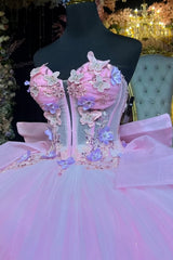 Misshow Pink Tulle Quinceanera Dress Strapless Ball Gown with 3D Butterflies Pleated Skirt & Bow Shawl for Sweet 16 & Formal Events
