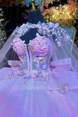 Misshow Pink Tulle Quinceanera Dress Strapless Ball Gown with 3D Butterflies Pleated Skirt & Bow Shawl for Sweet 16 & Formal Events