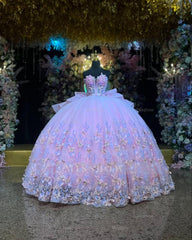 Misshow Pink Tulle Quinceanera Dress Strapless Ball Gown with 3D Butterflies Pleated Skirt & Bow Shawl for Sweet 16 & Formal Events