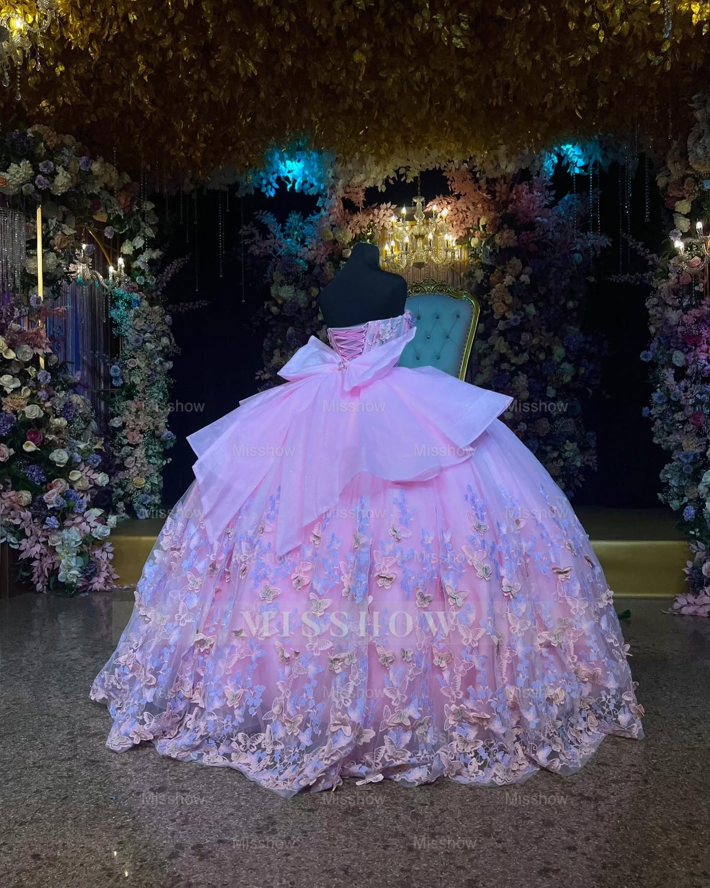 Misshow Pink Tulle Quinceanera Dress Strapless Ball Gown with 3D Butterflies Pleated Skirt & Bow Shawl for Sweet 16 & Formal Events