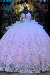 Misshow Pink Tulle Quinceanera Dress Strapless Ball Gown with 3D Butterflies Pleated Skirt & Bow Shawl for Sweet 16 & Formal Events