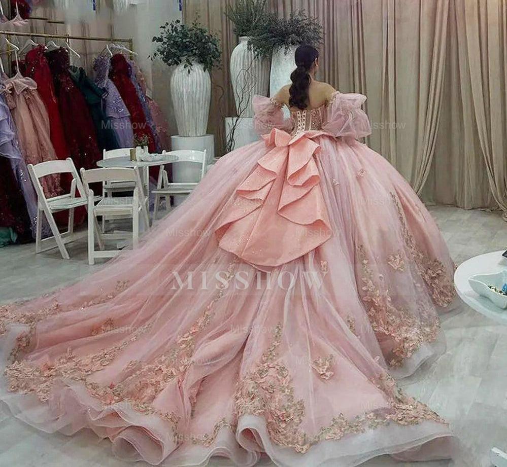 Misshow Pink Tulle Quinceanera Dress Sweetheart Neckline Puff Sleeves & 3D Floral Lace Appliques for Sweet 16 & Princess Parties